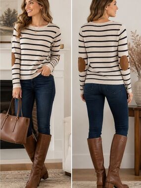 August Mist Striped Knit Sweater w/ Faux Suede Elbow Patches Small